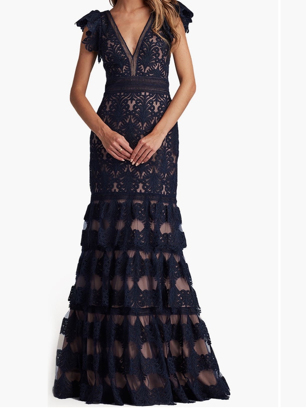 Tadashi Shoji Navy Lace V-Neck Tiered Maxi Dress